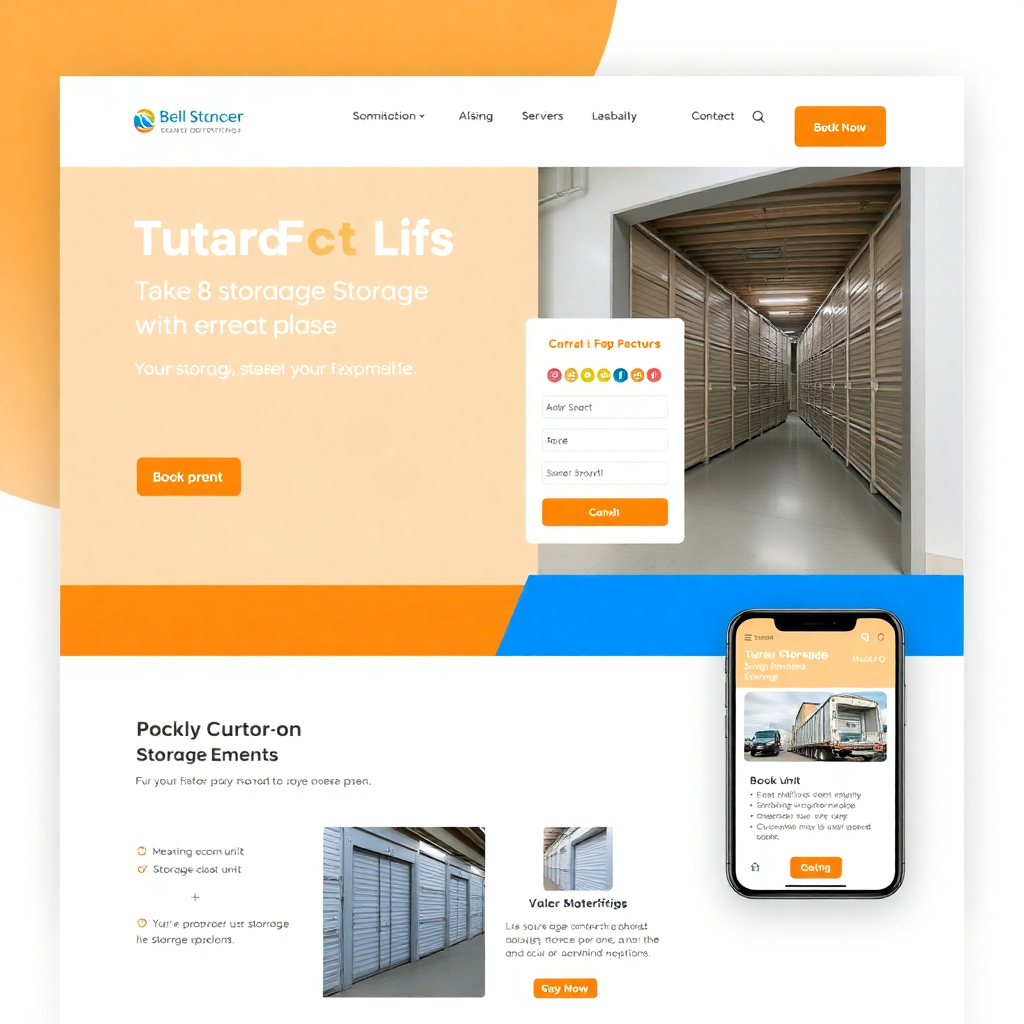 modern storage facility website homepage showing professional design with orange and blue colors, clean layout with booking widget, storage unit images, pricing table, mobile responsive design